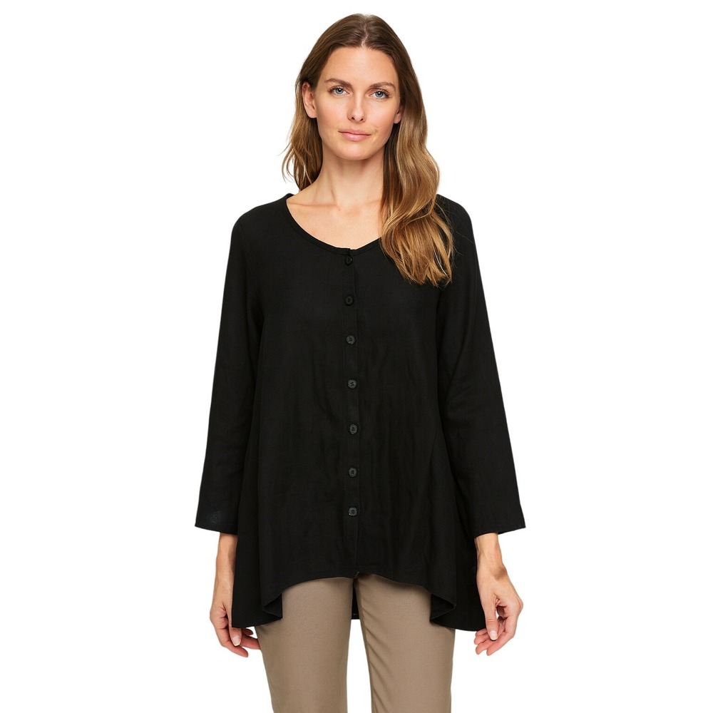 FLAX Button Down Tunic Top Long Sleeve Black Linen Blend Size S